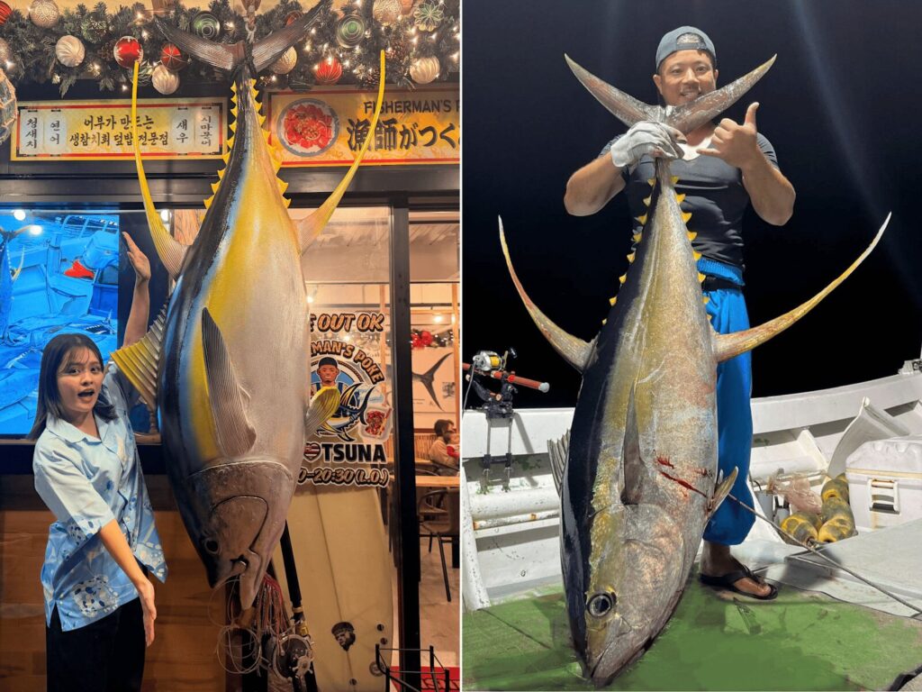 マグロを釣り上げた店長さん