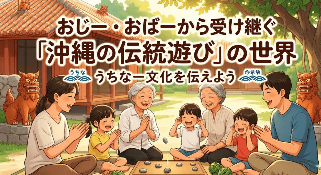 alt="おじー・おばーから受け継ぐ『沖縄の伝統遊び』の世界。伝統民家でうちなー文化を家族三世代で楽しむイラスト"