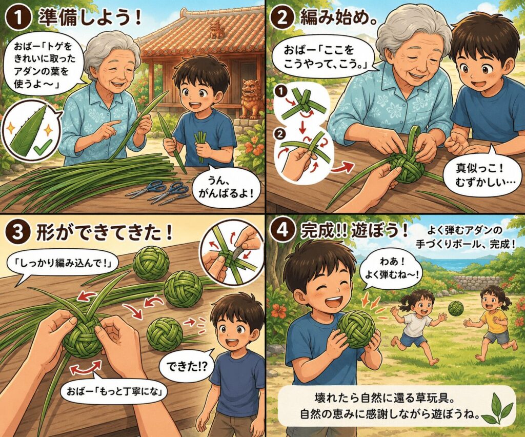 alt="アダンの葉を使った沖縄の伝統的な草玩具（イーリムン）のボールの作り方を4ステップで解説するイラスト。おばあちゃんから子どもへ編み方を教える手順"