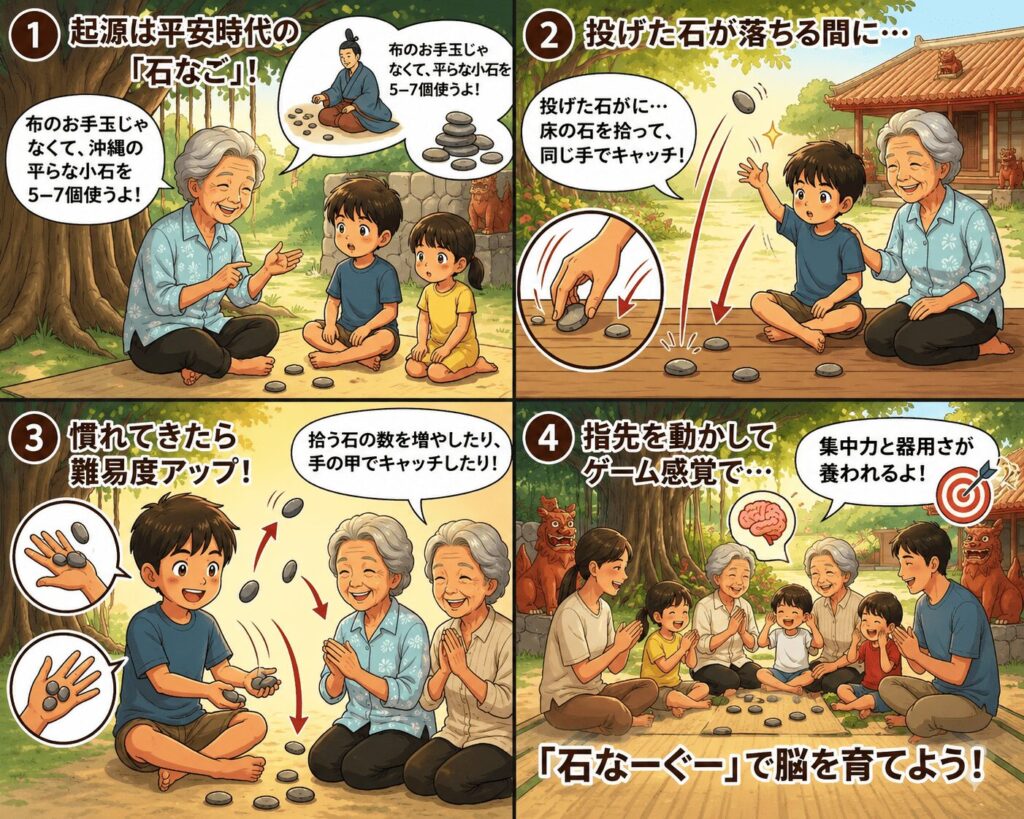alt="沖縄の伝統遊び「石なーぐー（石なご）」の遊び方と効果を4コマで解説するイラスト。平らな小石を使い、子どもの集中力や器用さを養う伝承お手玉遊び"