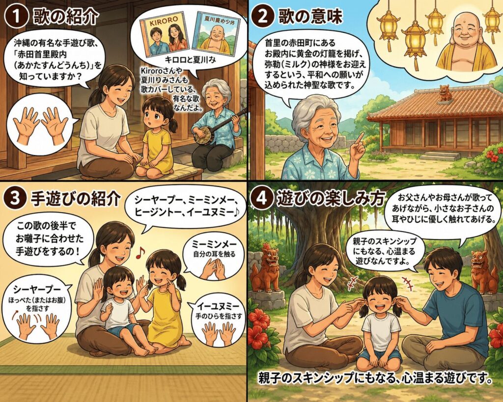 alt="沖縄の手遊び歌「赤田首里殿内（あかたすんどぅんち）」の意味や遊び方を4コマで解説するイラスト。Kiroroもカバーする有名なわらべうたで親子のスキンシップを楽しむ方法"