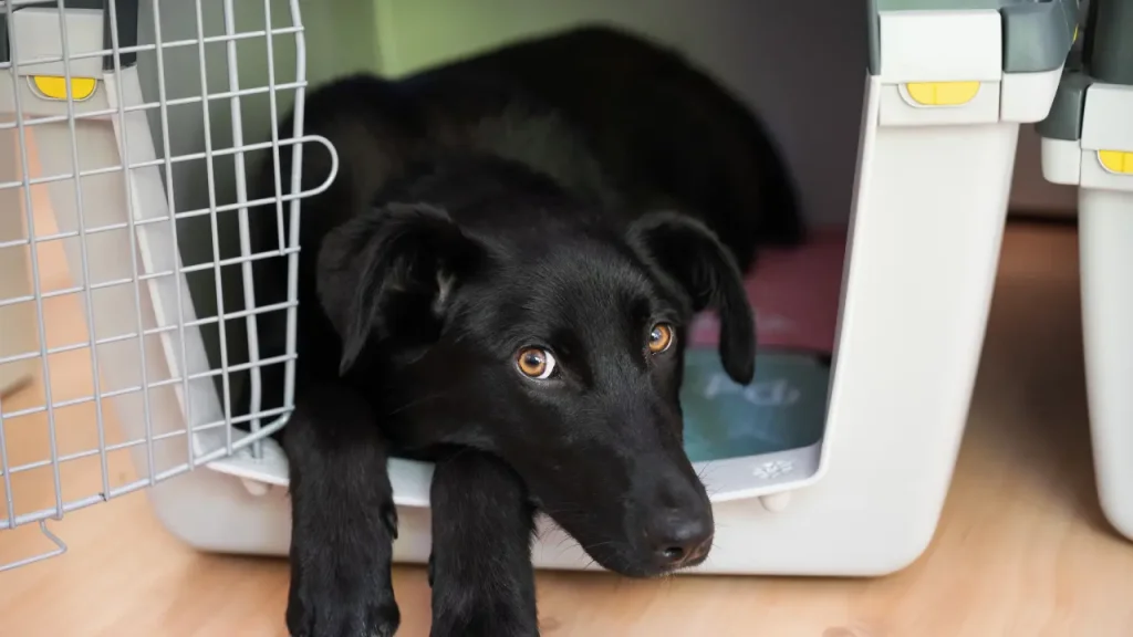 クレートに入る犬