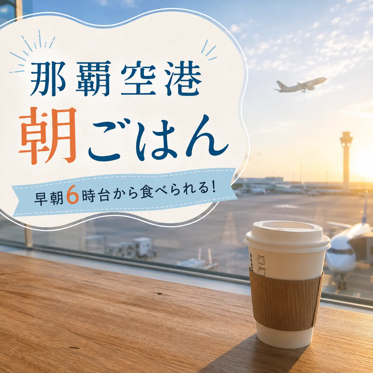 那覇空港の朝の滑走路を背景に、窓際のテーブルに置かれたテイクアウトコーヒー