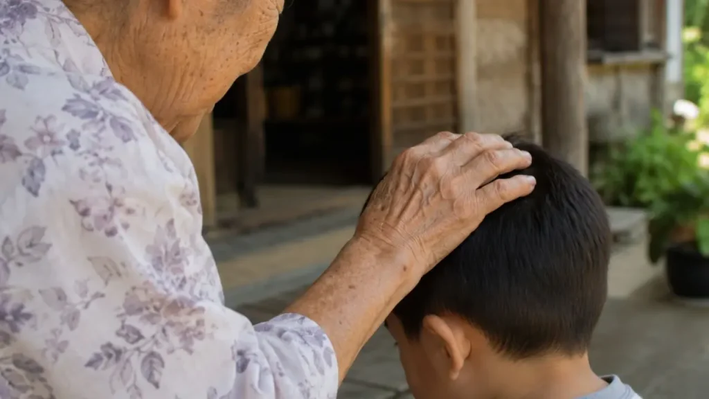 沖縄の旧盆で年配の女性が子どもの頭に手を添えて祈る様子