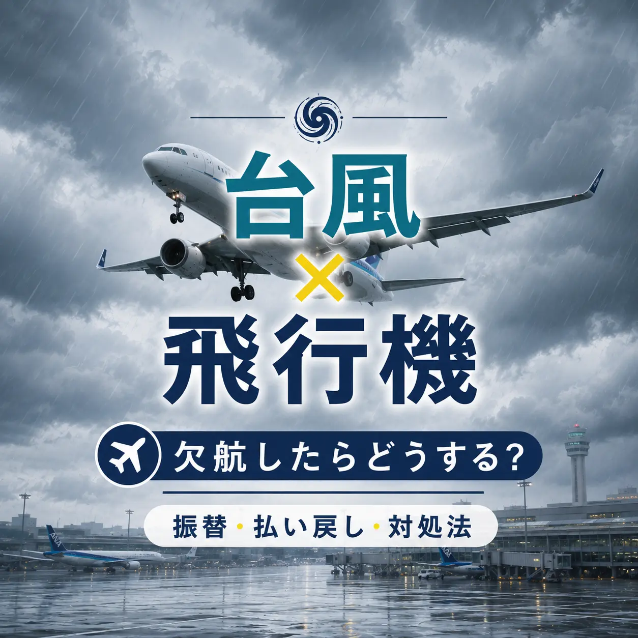 台風の雨雲の中を飛ぶ飛行機を背景に、欠航時の振替・払い戻し・対処法を案内するバナー