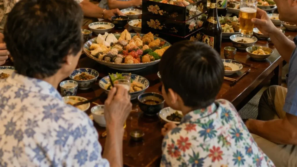 沖縄の古民家で親族が集まり、重箱やオードブルを囲んでウークイの食事を楽しむ様子