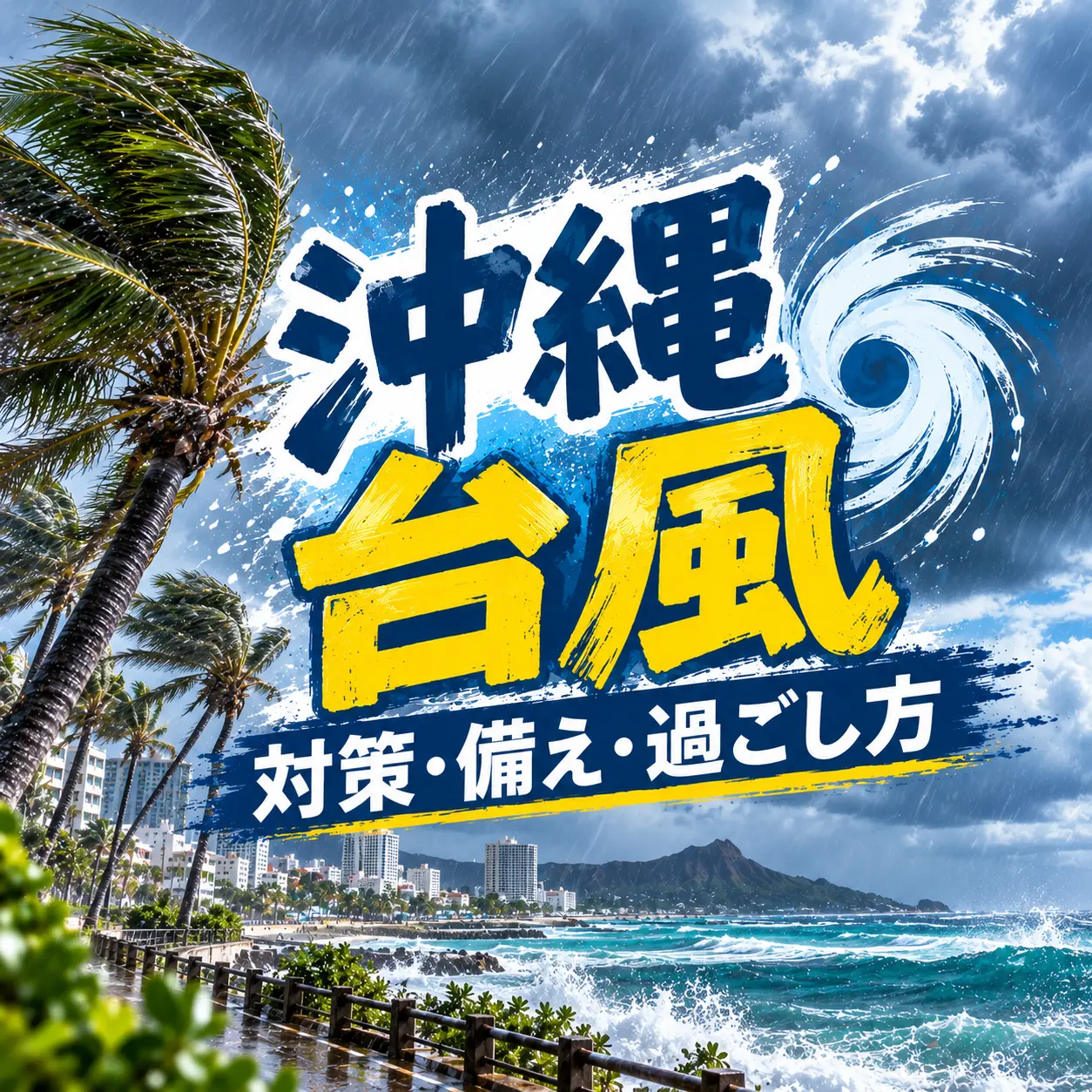 強風と雨雲に包まれた沖縄の海岸を背景に、台風時の対策・備え・過ごし方を案内するバナー