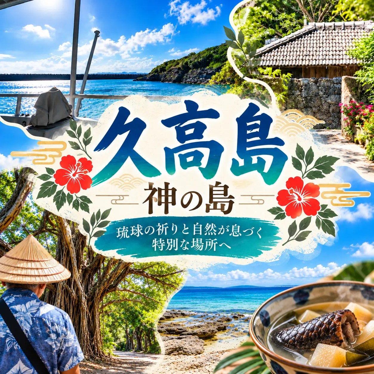 久高島の海や集落、ガジュマル、イラブ汁を背景にした「神の島」久高島の特集バナー